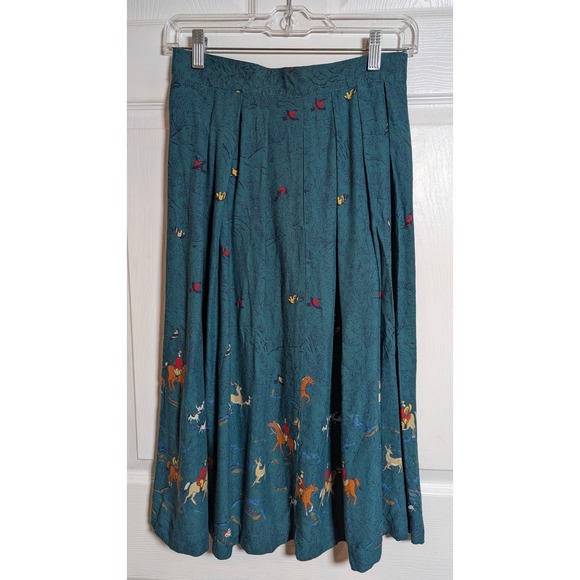 Chaus Petites Skirt Size 8 Green Horse Print Pleated Midi Vintage Equestrian - Picture 2 of 8